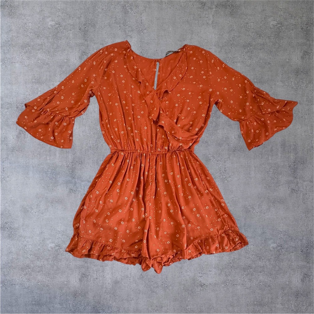 Abercrombie & Fitch Romper Womens Small Rust Orange Floral‎ Ruffle Trim